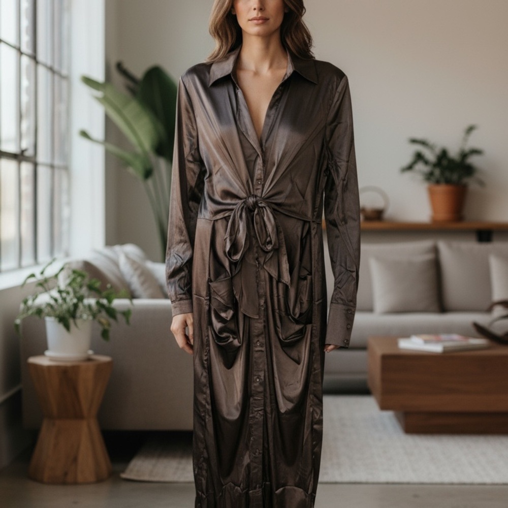 Elegant Brown Satin Shirt Dress
